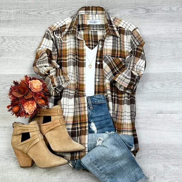 Private Label Tops - Oversized Long Sleeve Fall Flannel | Tan